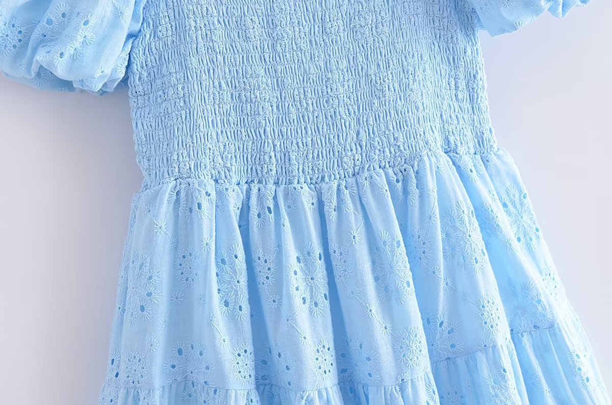 French Hollow Out Cutout Blue Elastic Wrapped Chest Bubble Sleeve Square Collar Princess Dress Puff Sleeve Dress
