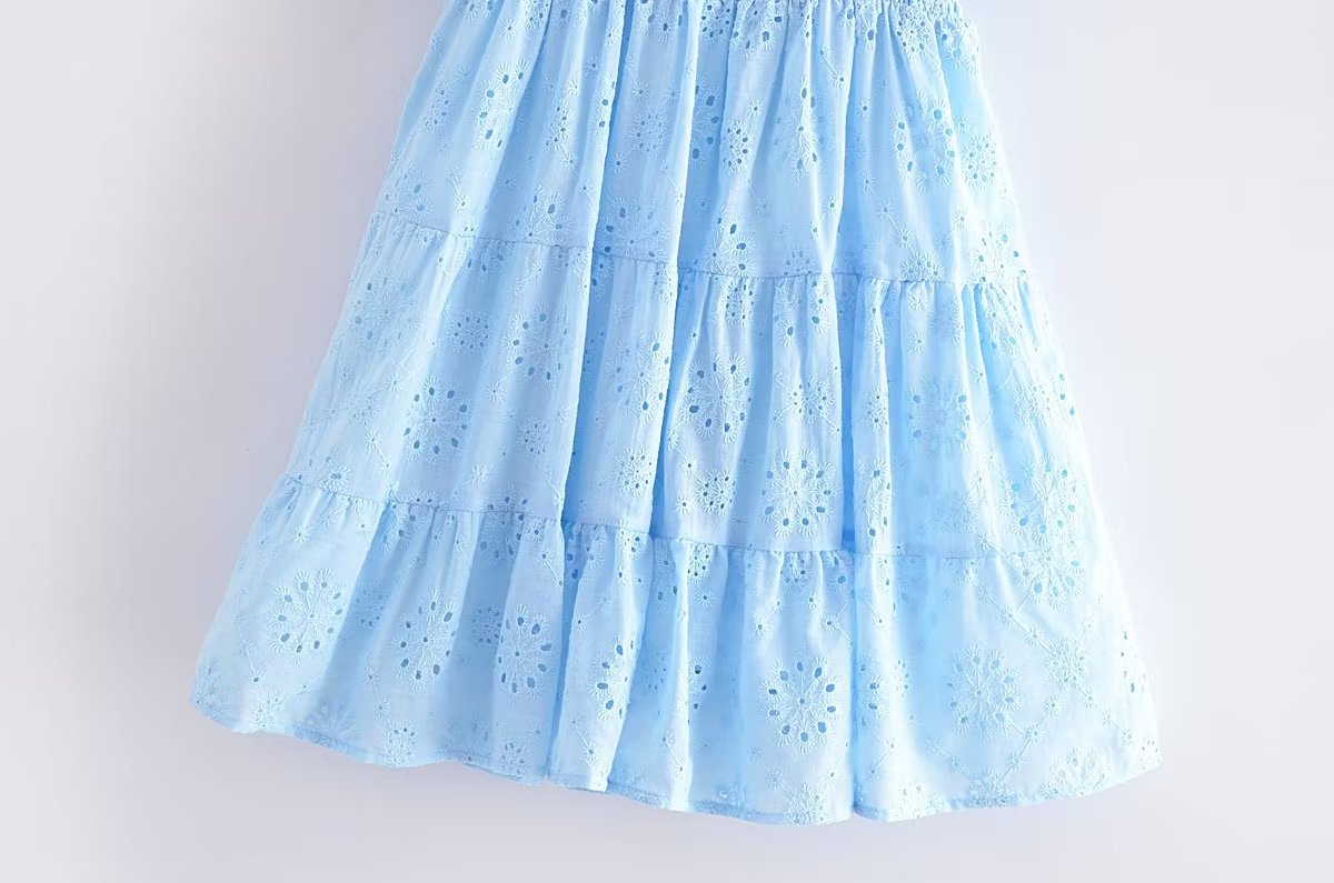 French Hollow Out Cutout Blue Elastic Wrapped Chest Bubble Sleeve Square Collar Princess Dress Puff Sleeve Dress