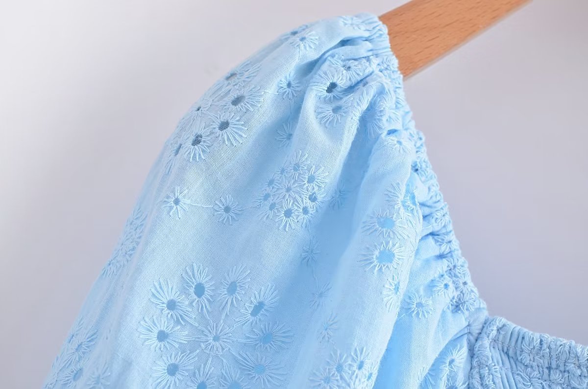 French Hollow Out Cutout Blue Elastic Wrapped Chest Bubble Sleeve Square Collar Princess Dress Puff Sleeve Dress