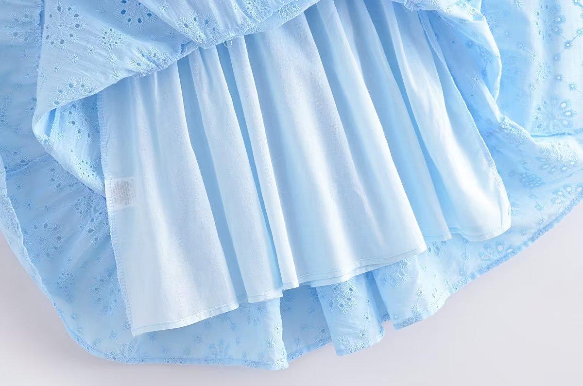 French Hollow Out Cutout Blue Elastic Wrapped Chest Bubble Sleeve Square Collar Princess Dress Puff Sleeve Dress