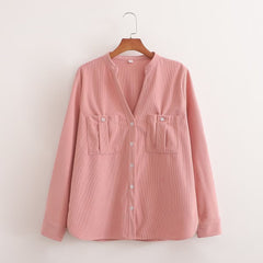 Solid Color V Neck Single Breasted Pocket Roll Sleeve Loose Shirt