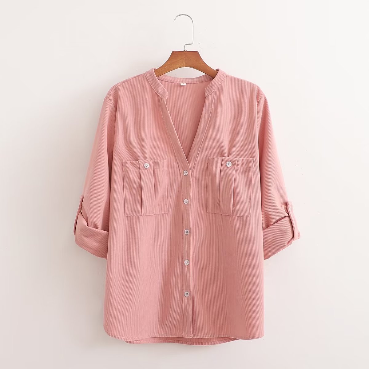 Solid Color V Neck Single Breasted Pocket Roll Sleeve Loose Shirt