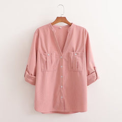 Solid Color V Neck Single Breasted Pocket Roll Sleeve Loose Shirt