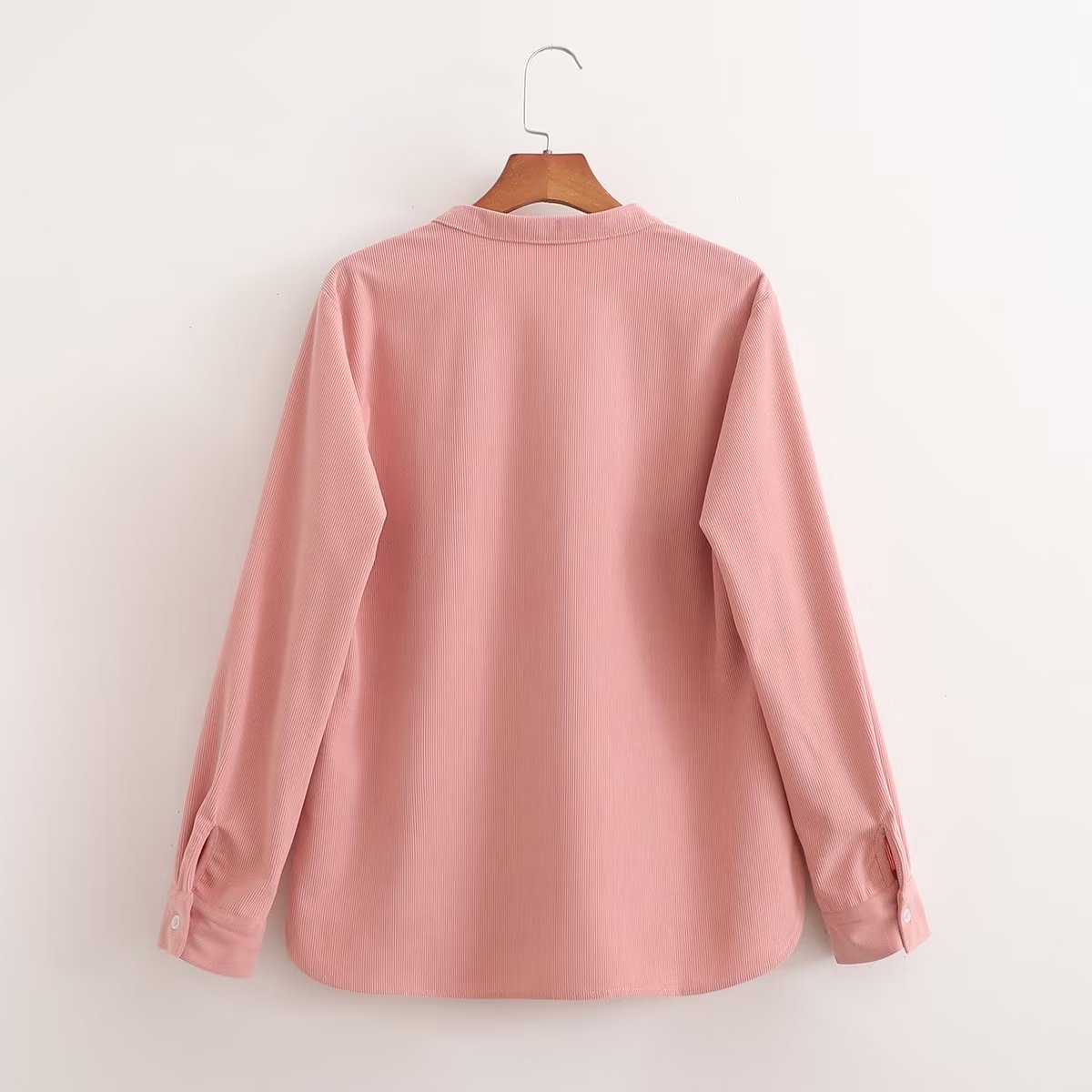 Solid Color V Neck Single Breasted Pocket Roll Sleeve Loose Shirt