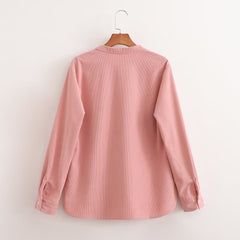 Solid Color V Neck Single Breasted Pocket Roll Sleeve Loose Shirt