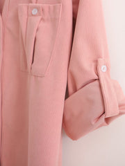 Solid Color V Neck Single Breasted Pocket Roll Sleeve Loose Shirt