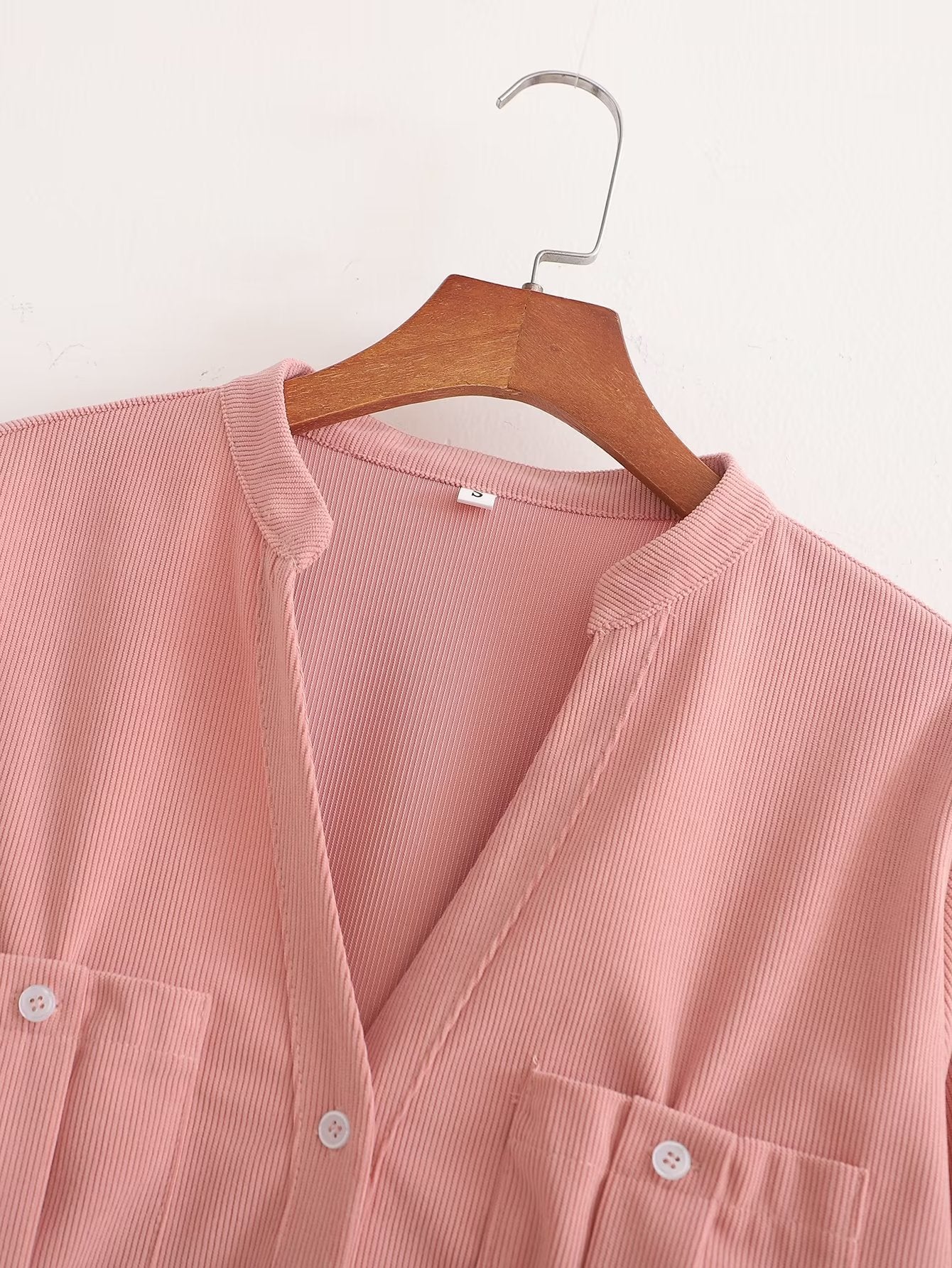 Solid Color V Neck Single Breasted Pocket Roll Sleeve Loose Shirt