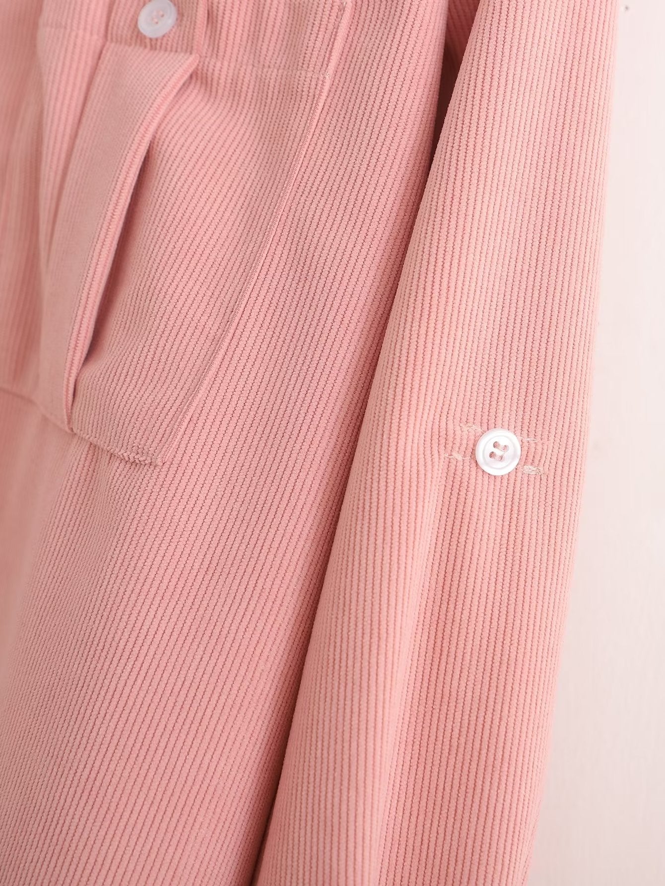 Solid Color V Neck Single Breasted Pocket Roll Sleeve Loose Shirt