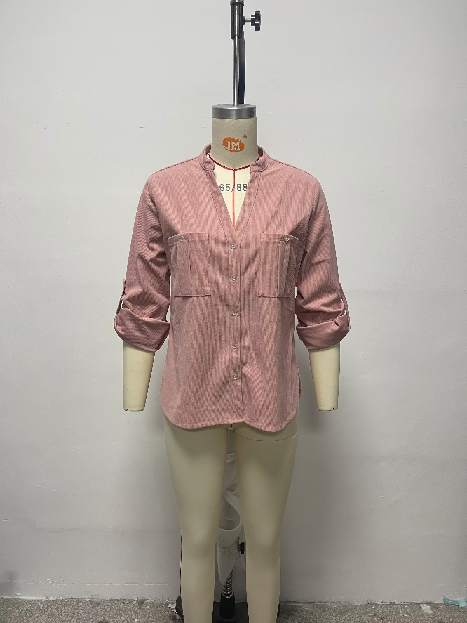 Solid Color V Neck Single Breasted Pocket Roll Sleeve Loose Shirt