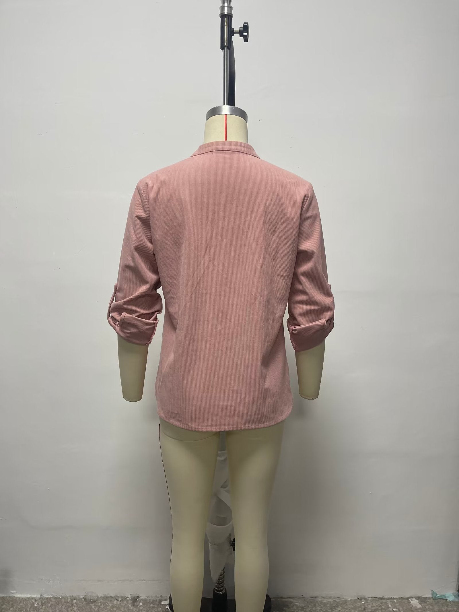 Solid Color V Neck Single Breasted Pocket Roll Sleeve Loose Shirt