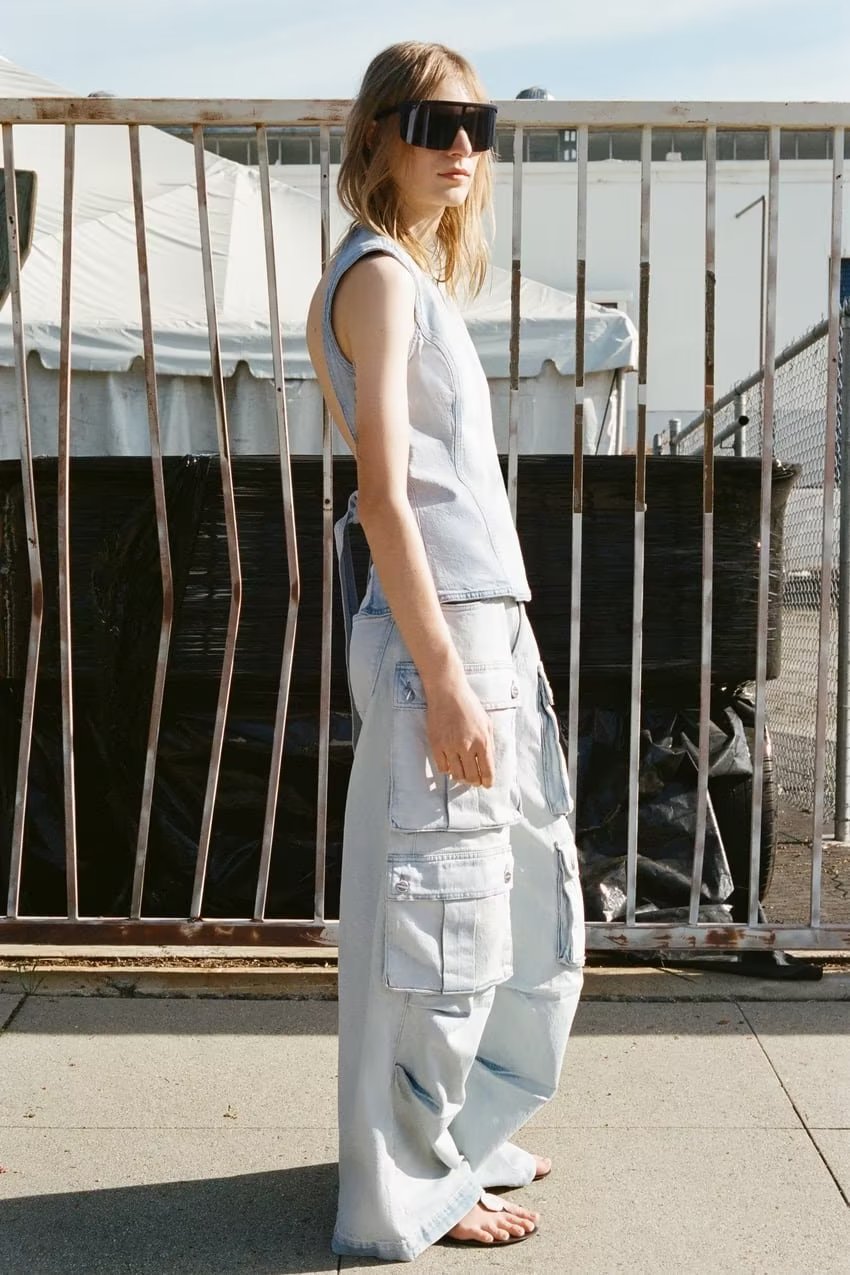 Pantalon ample multi-poches, salopette rétro taille moyenne, jean