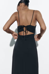 V neck Brace Solid Color Waist Tight Slit Strap Dress Maxi Dress
