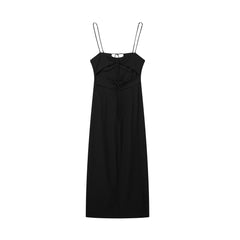 V neck Brace Solid Color Waist Tight Slit Strap Dress Maxi Dress