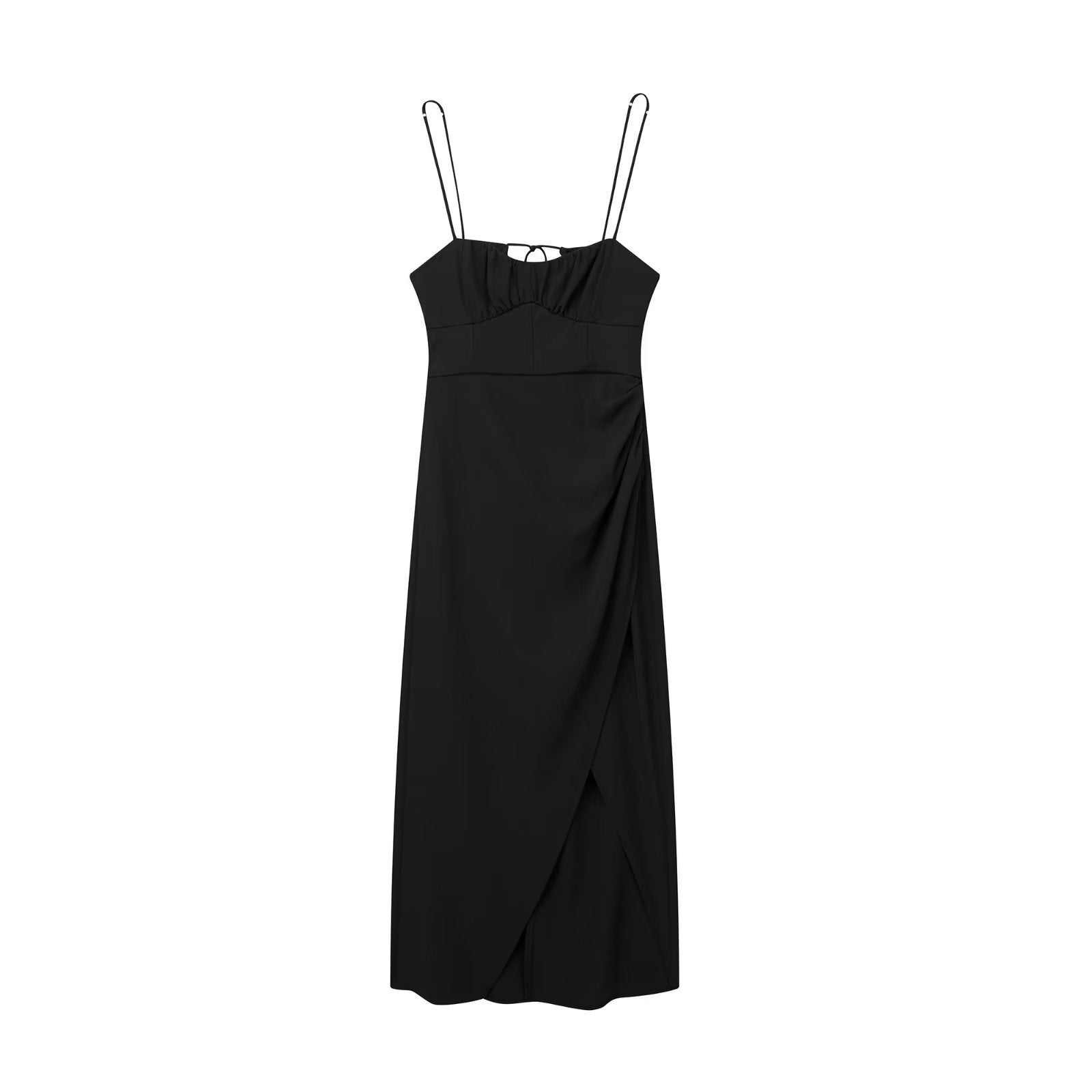 V neck Brace Solid Color Waist Tight Slit Strap Dress Maxi Dress
