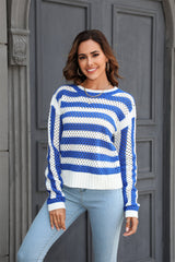 Früher, ausgehöhlter, Ausschnitt, gestreifter Rundhalsausschnitt, lange Ärmel, Strickmode, übergroßer Pullover
