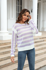 Früher, ausgehöhlter, Ausschnitt, gestreifter Rundhalsausschnitt, lange Ärmel, Strickmode, übergroßer Pullover