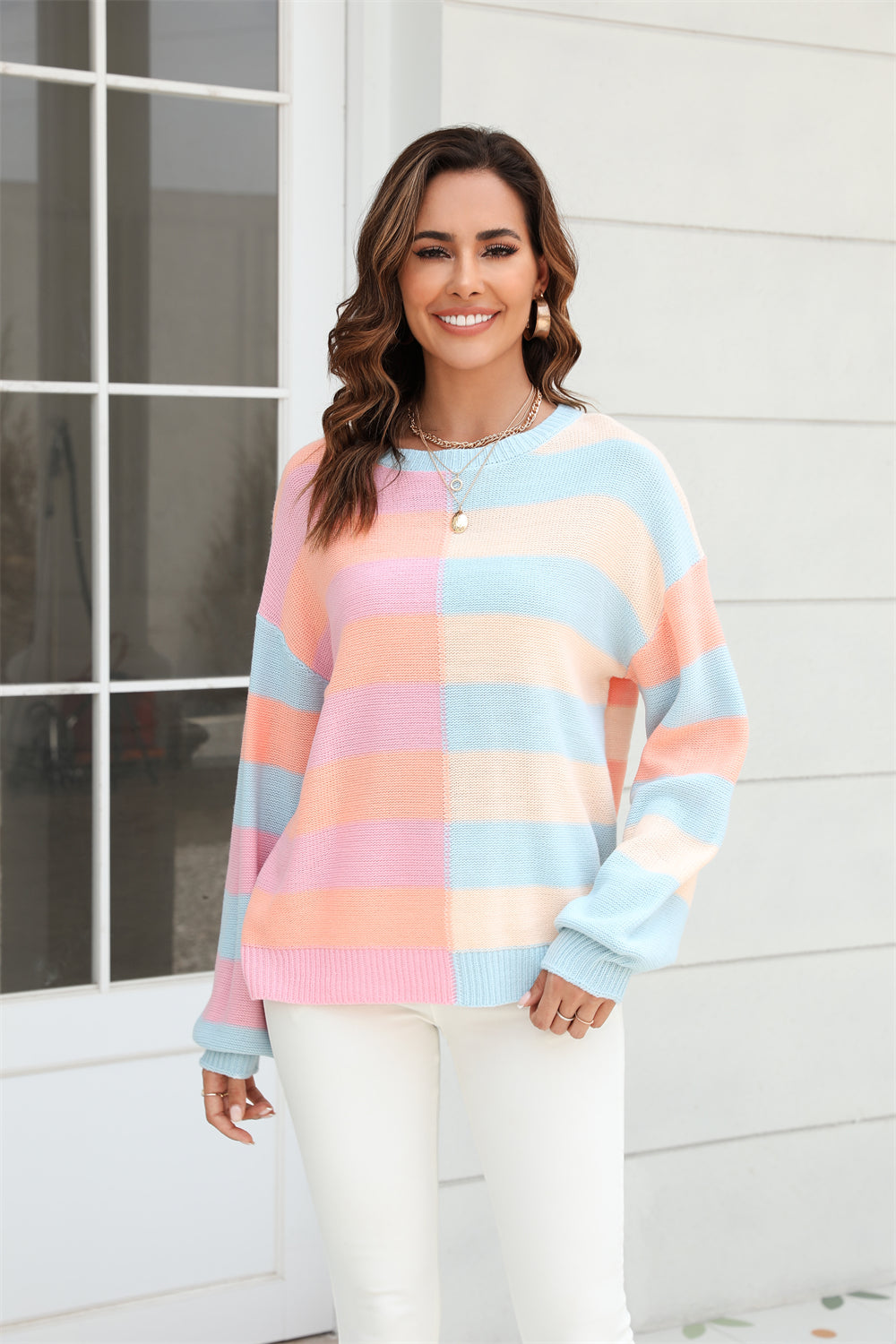 Herbst Patchwork Streifen Kontrastfarbe Rundhals Strickpullover Pullover