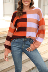Herbst Patchwork Streifen Kontrastfarbe Rundhals Strickpullover Pullover