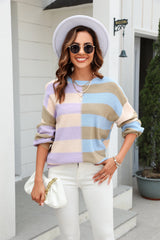 Herbst Patchwork Streifen Kontrastfarbe Rundhals Strickpullover Pullover