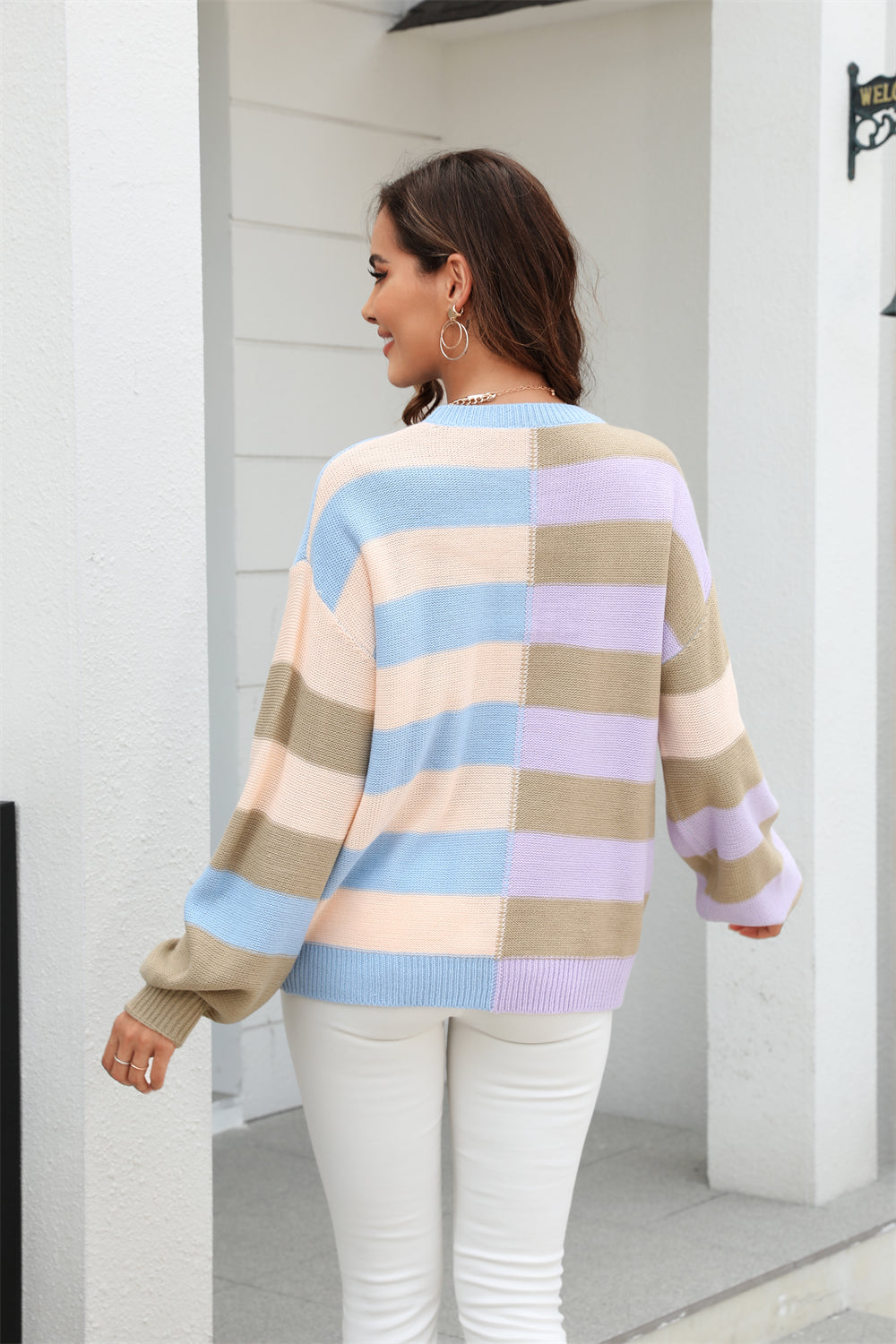 Herbst Patchwork Streifen Kontrastfarbe Rundhals Strickpullover Pullover