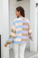 Herbst Patchwork Streifen Kontrastfarbe Rundhals Strickpullover Pullover