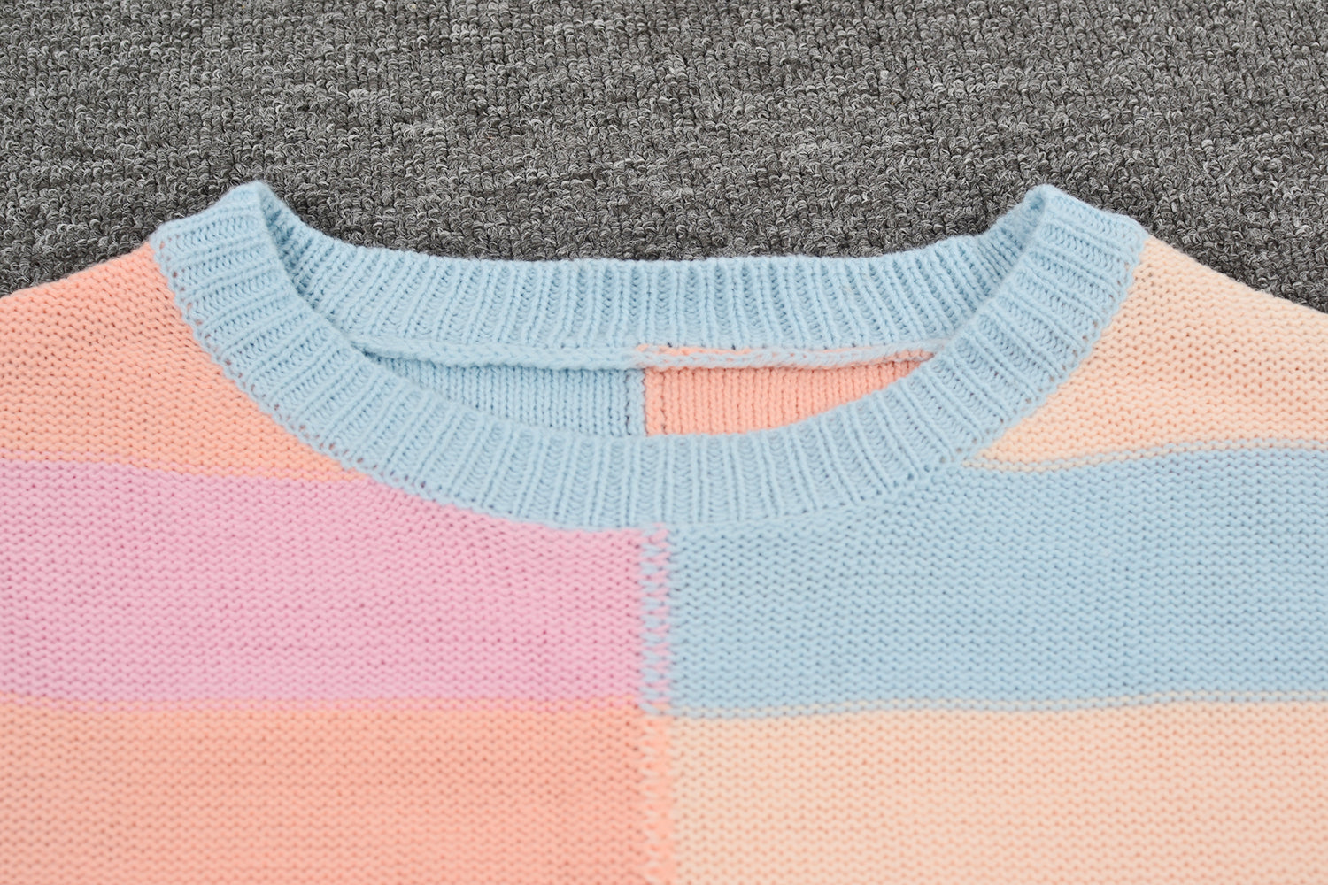 Herbst Patchwork Streifen Kontrastfarbe Rundhals Strickpullover Pullover