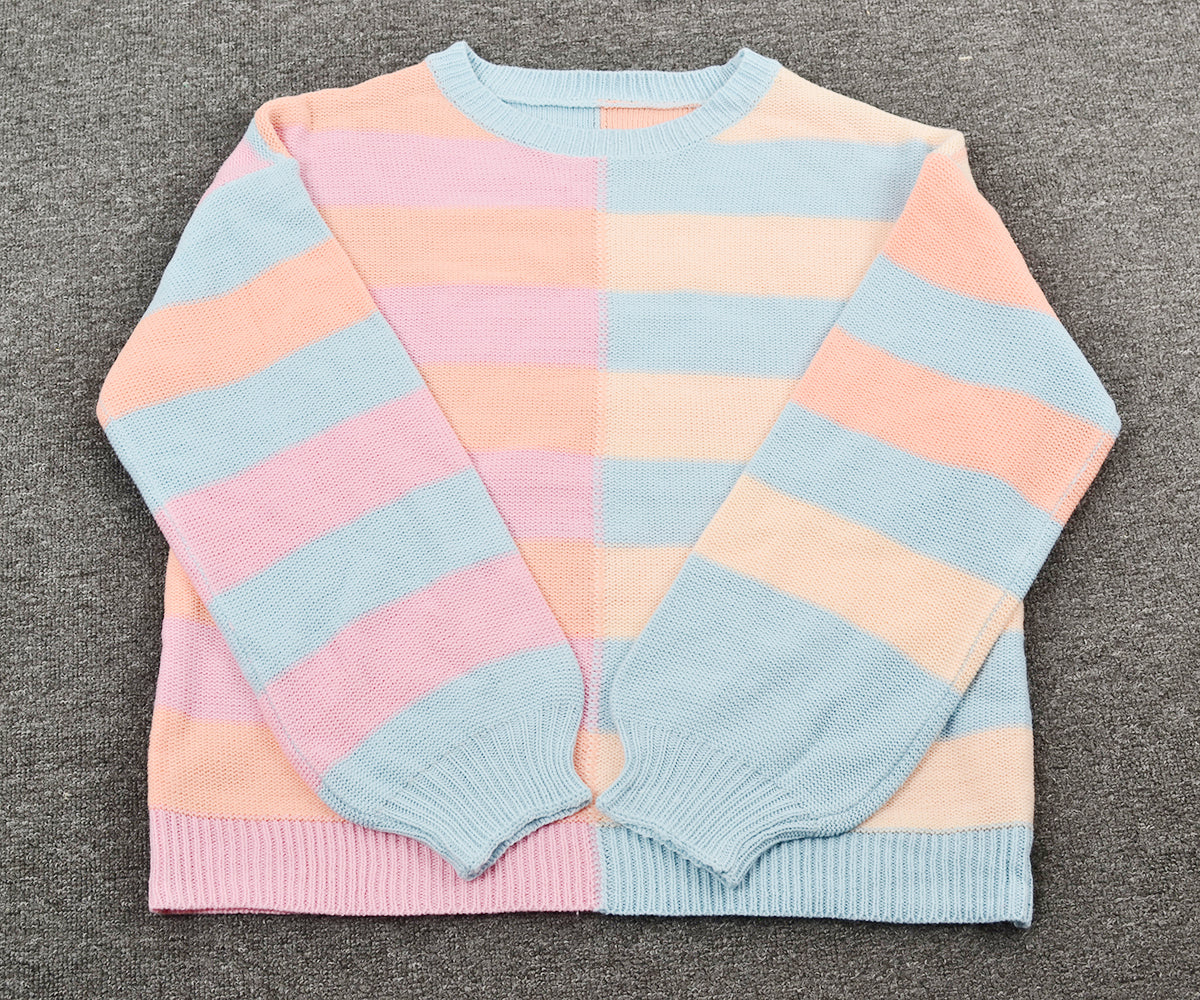 Herbst Patchwork Streifen Kontrastfarbe Rundhals Strickpullover Pullover