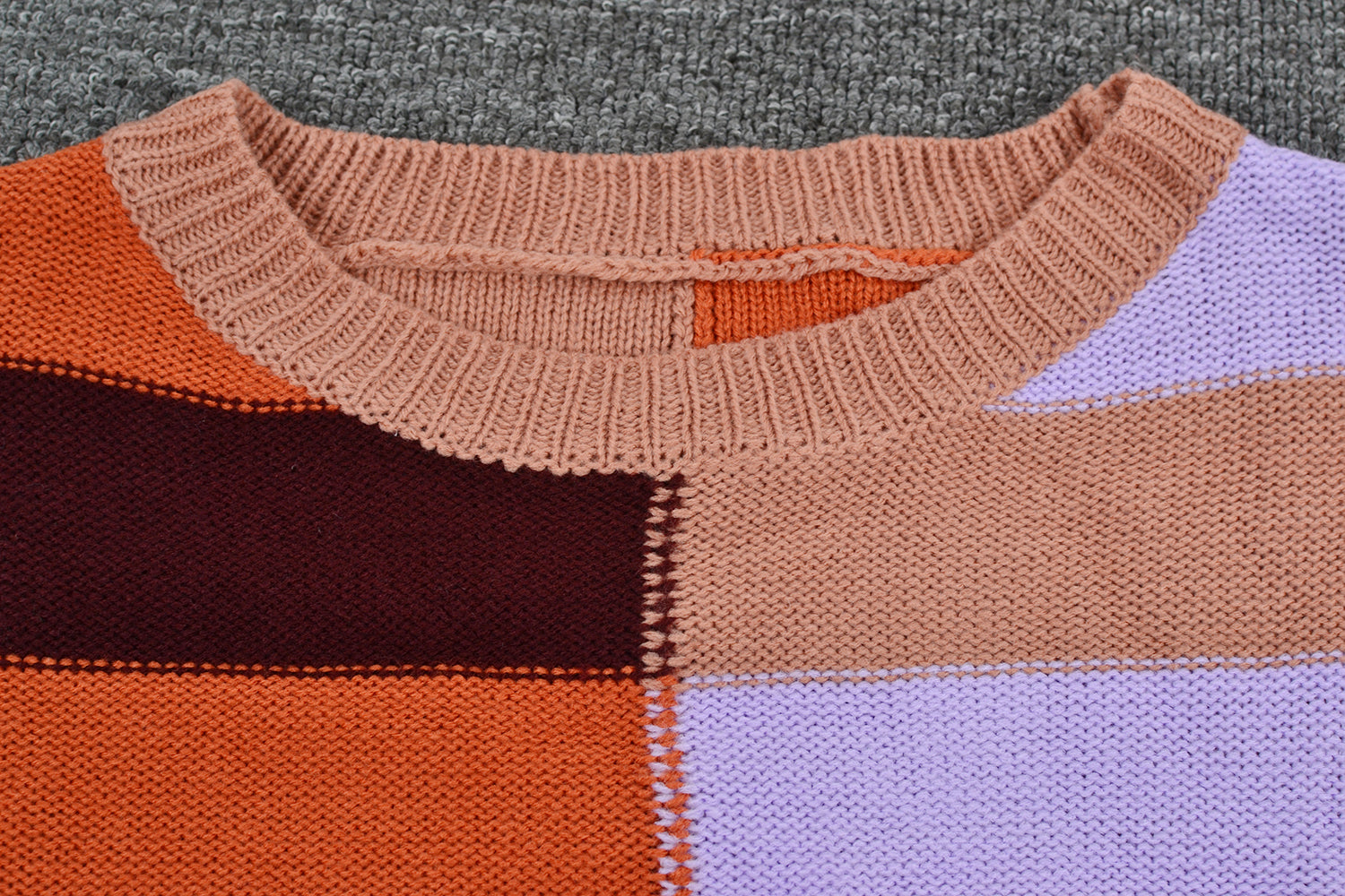Herbst Patchwork Streifen Kontrastfarbe Rundhals Strickpullover Pullover