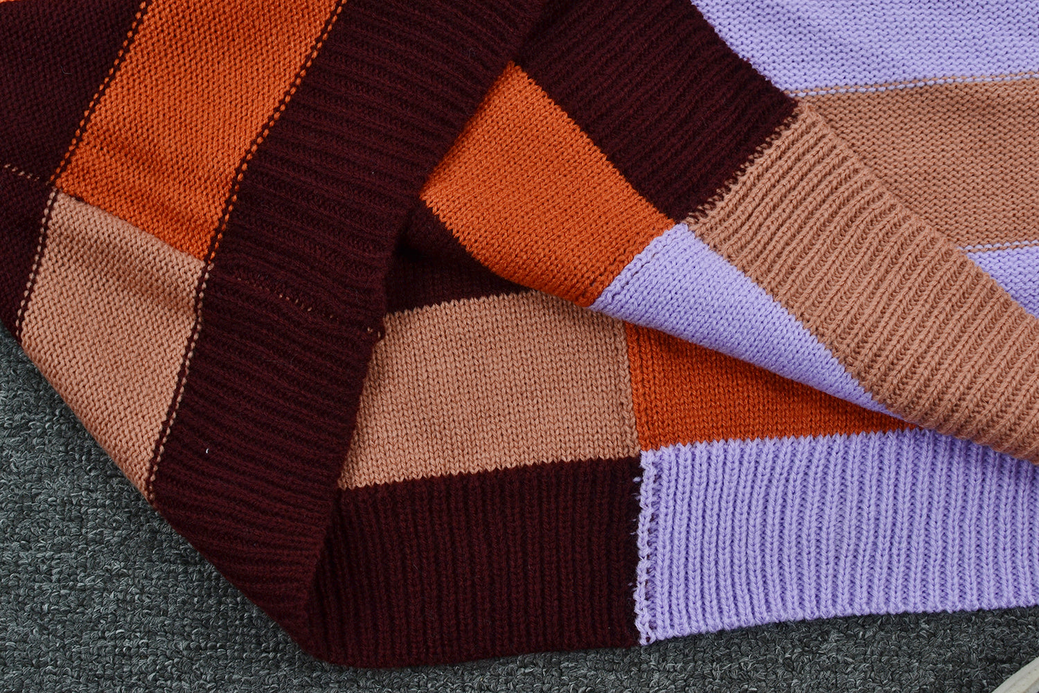 Herbst Patchwork Streifen Kontrastfarbe Rundhals Strickpullover Pullover