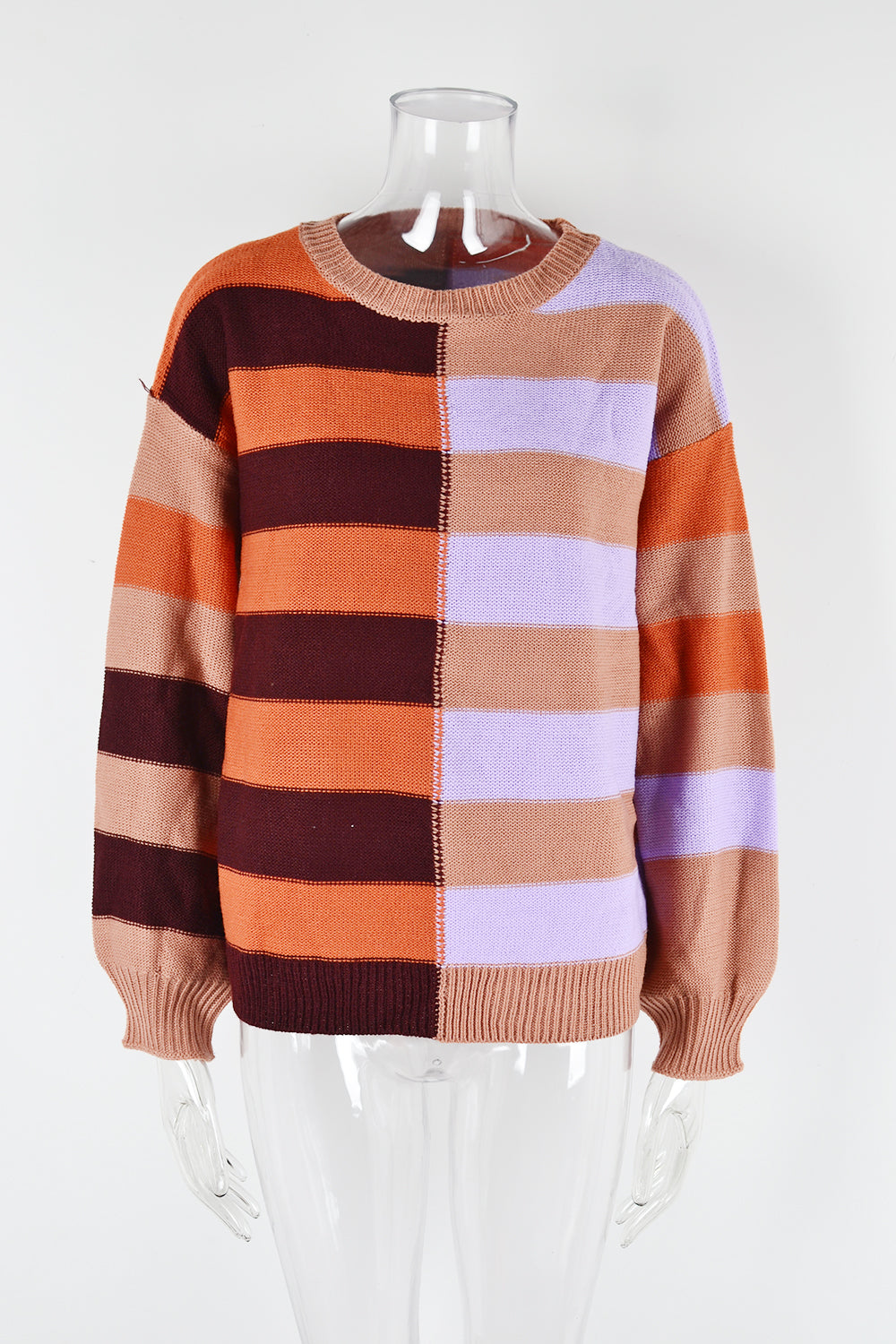 Herbst Patchwork Streifen Kontrastfarbe Rundhals Strickpullover Pullover