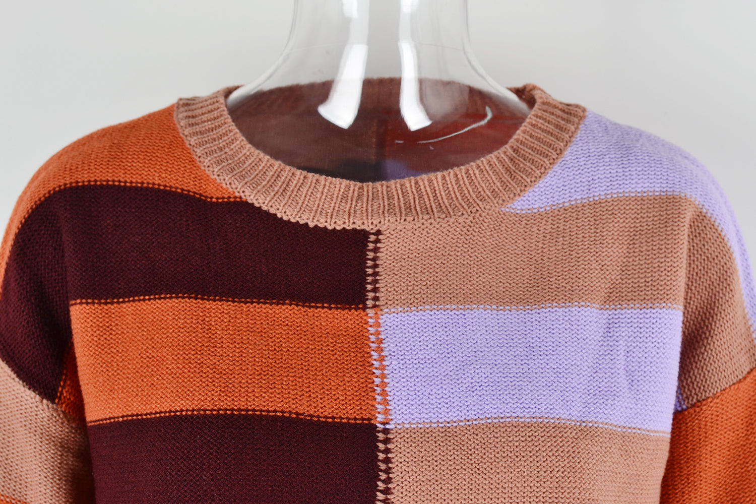 Herbst Patchwork Streifen Kontrastfarbe Rundhals Strickpullover Pullover