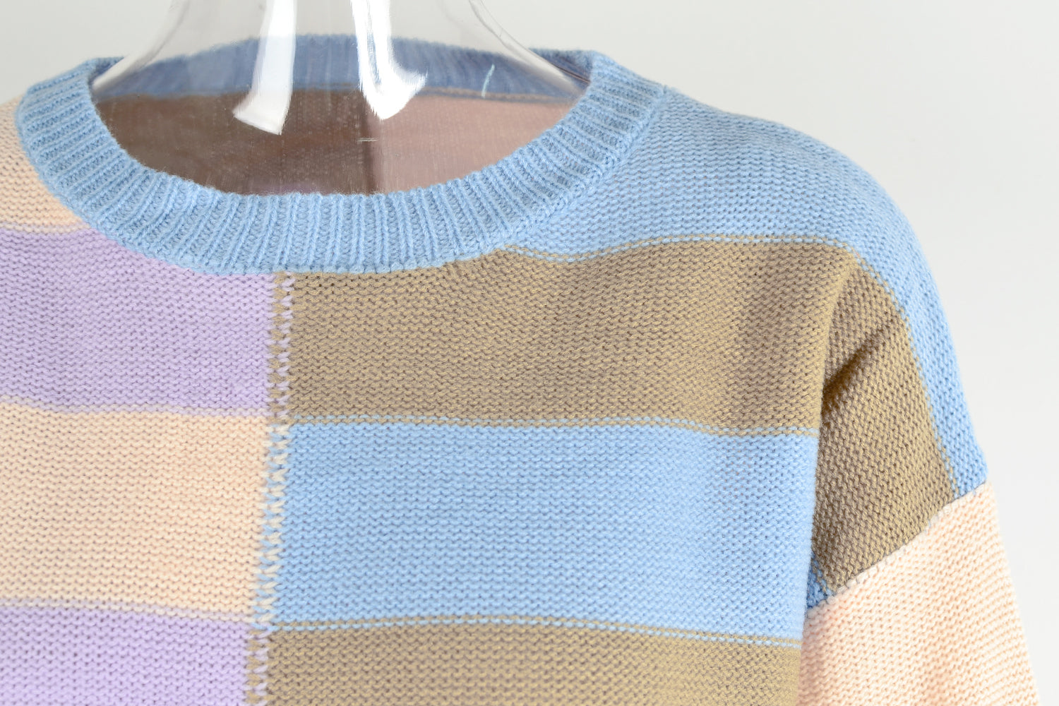 Herbst Patchwork Streifen Kontrastfarbe Rundhals Strickpullover Pullover
