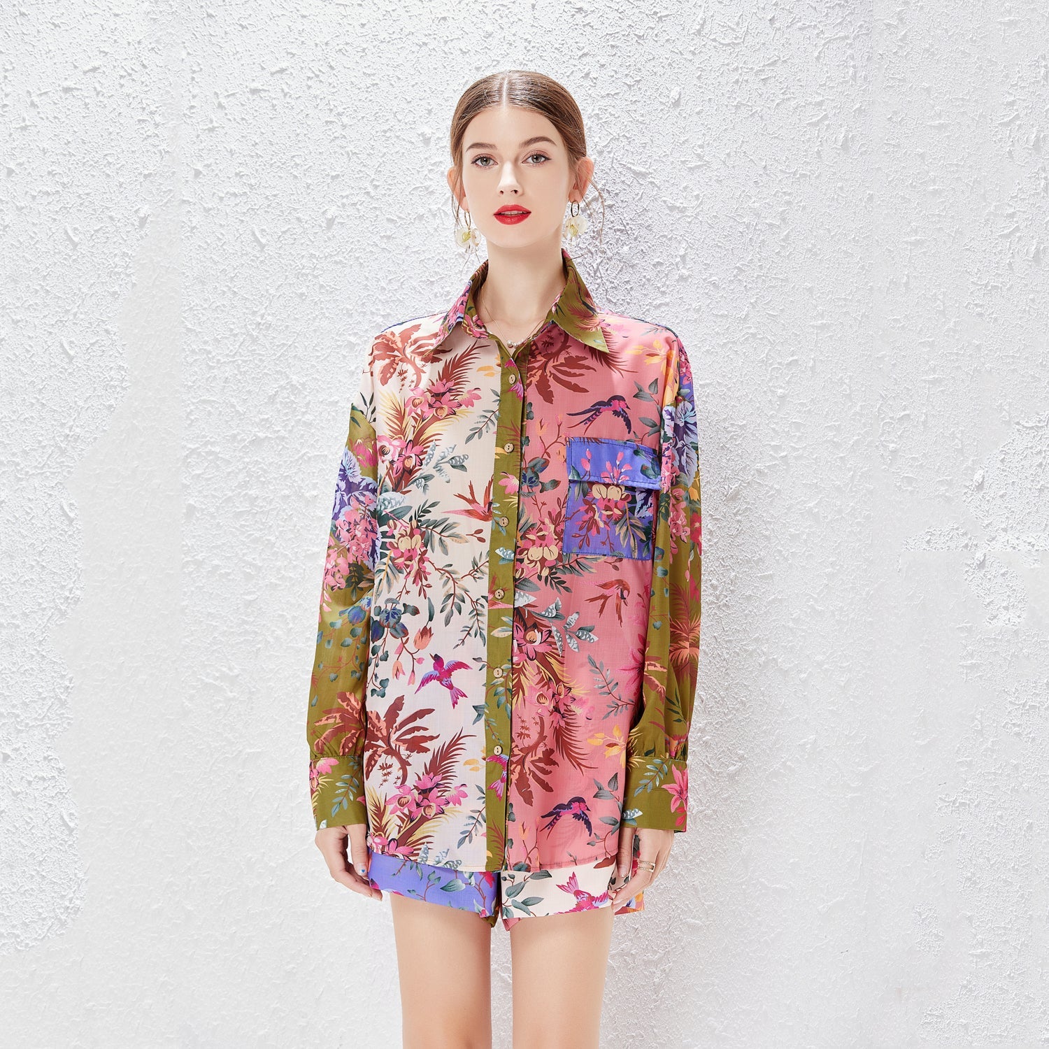 Two piece Single breasted Shirt Positioning Printed Loose Cotton Linen Loose Waist Shorts Set