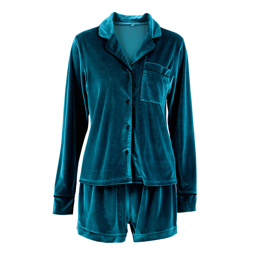 Velvet V neck Suit Collar Cardigan Long Sleeve Suit Homewear Pajamas Blue