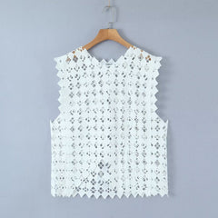 Retro Hollow Out Cutout Out Diamond Lattice Vest Elegant Vest Solid Color Top