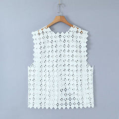 Retro Hollow Out Cutout Out Diamond Lattice Vest Elegant Vest Solid Color Top