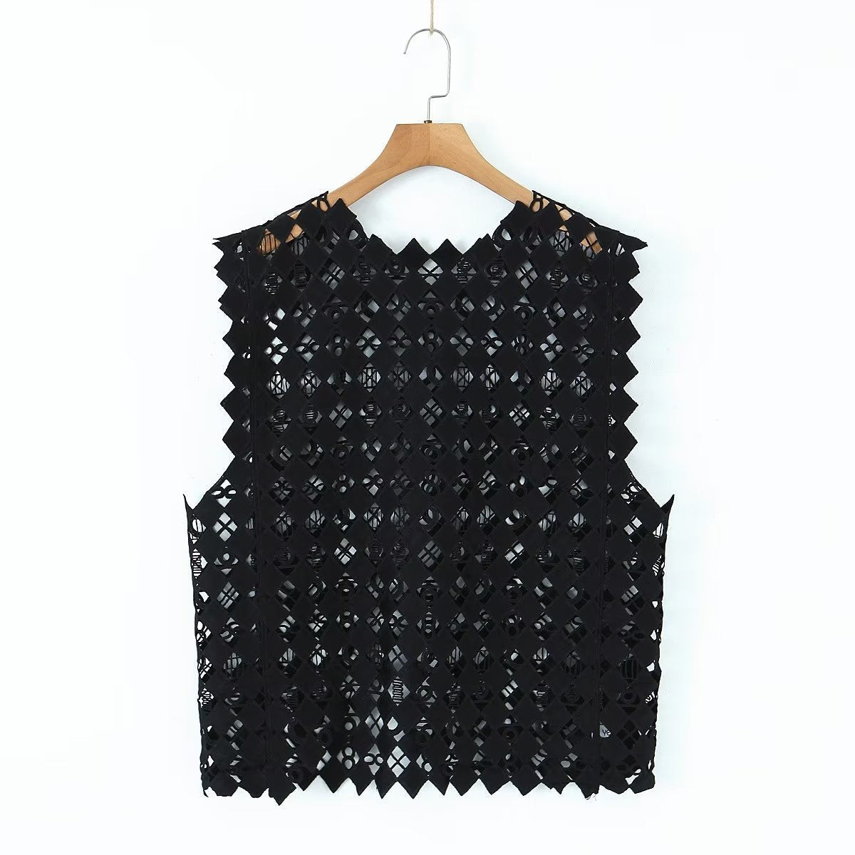 Retro Hollow Out Cutout Out Diamond Lattice Vest Elegant Vest Solid Color Top