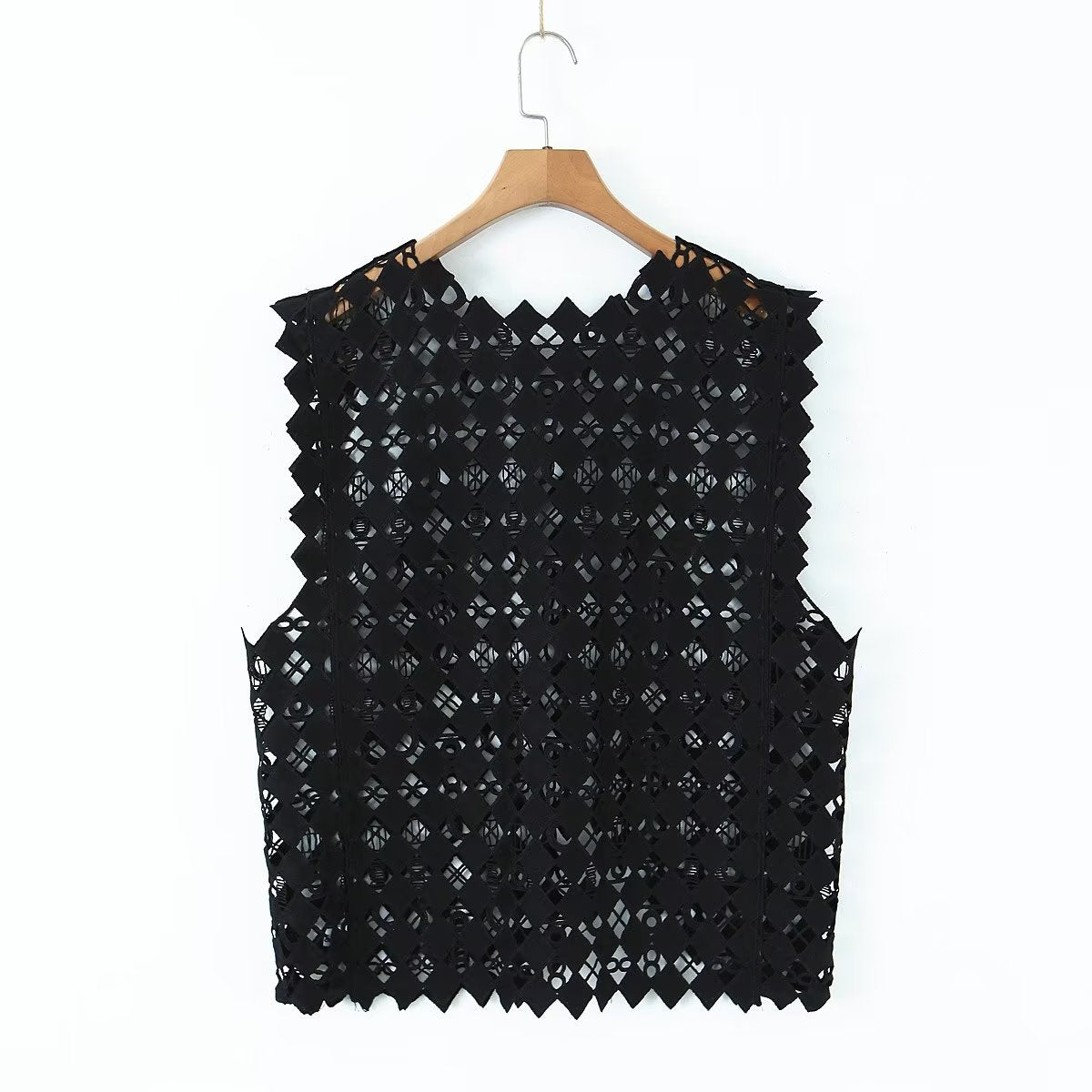 Retro Hollow Out Cutout Out Diamond Lattice Vest Elegant Vest Solid Color Top