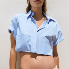 Collared Curling Short Sleeve Poplin Short Shirt