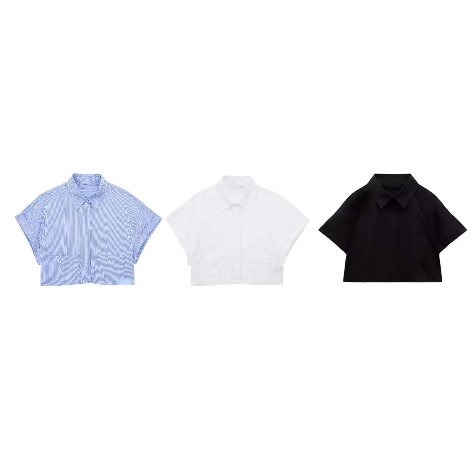 Collared Curling Short Sleeve Poplin Short Shirt