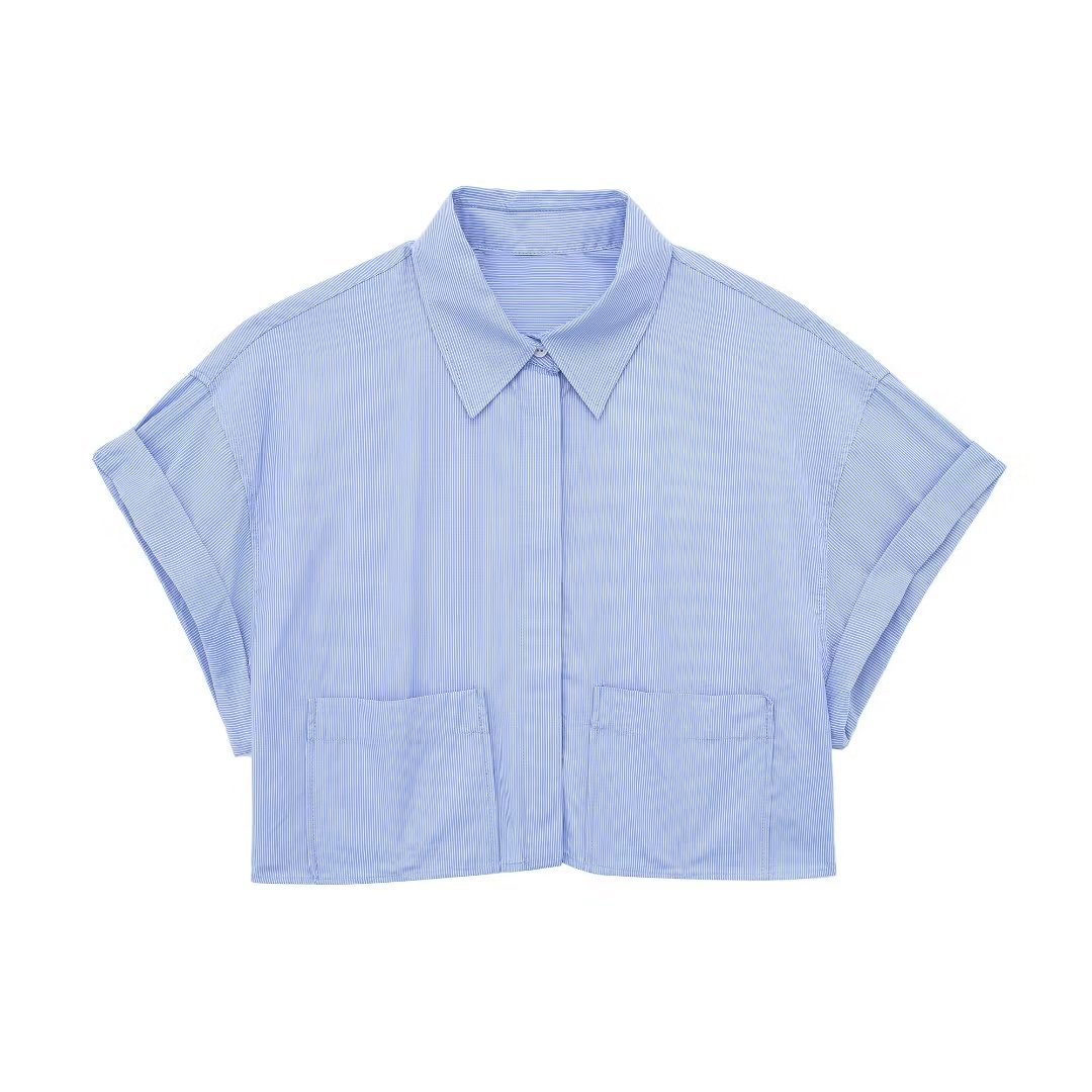 Collared Curling Short Sleeve Poplin Short Shirt