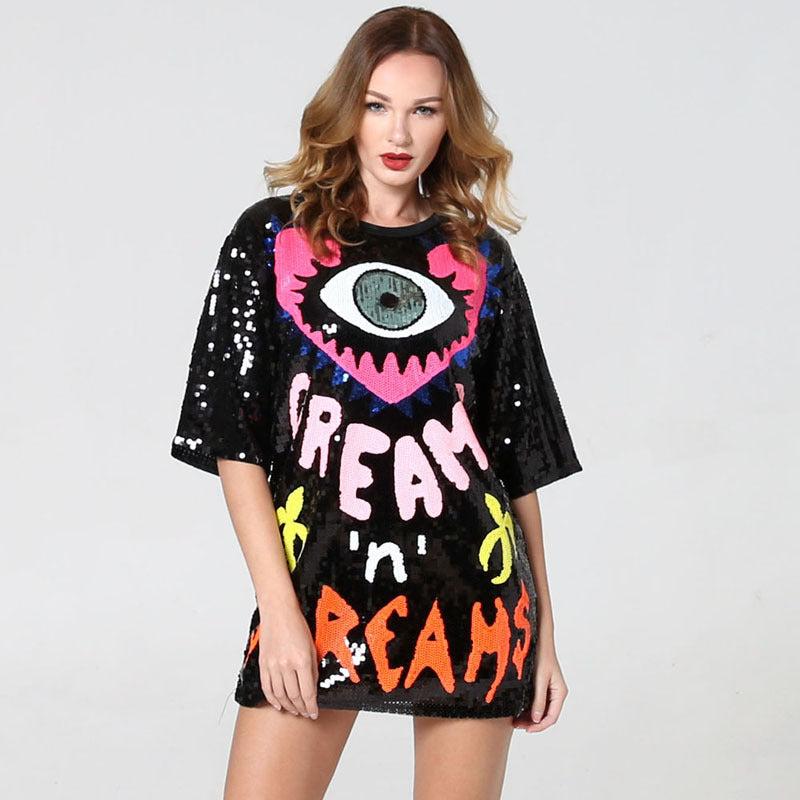 Peach Heart Spring-Top Love Peach Eyes Alphabet Sequ Mid Length Loose T shirt