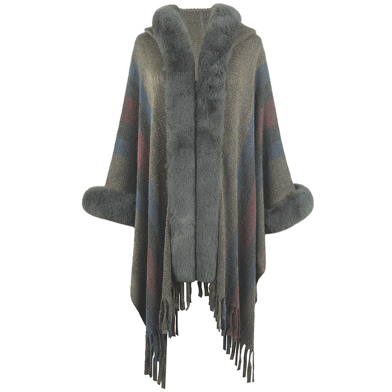 Hooded Cape Striped Knitted Tassel Shawl