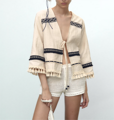 V neck Long Sleeve Decorated Tassel Cardigan