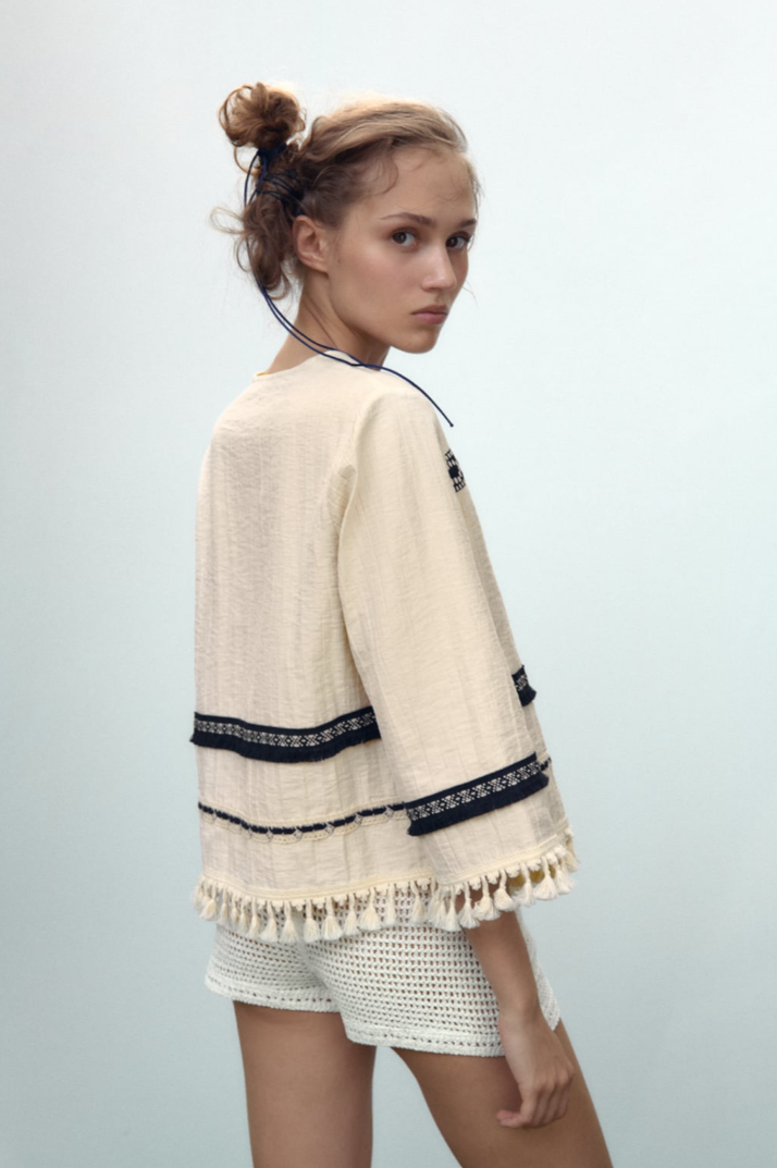 V neck Long Sleeve Decorated Tassel Cardigan