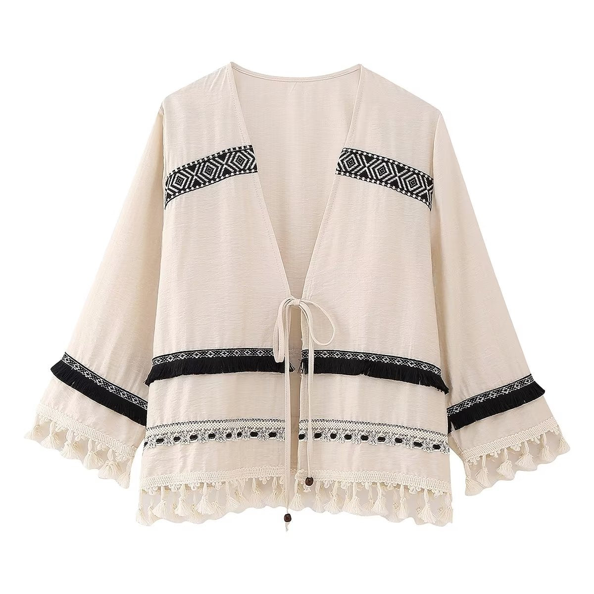 V neck Long Sleeve Decorated Tassel Cardigan
