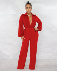 Jumpsuit V neck Long Sleeve Tight Blouse Trousers Winter