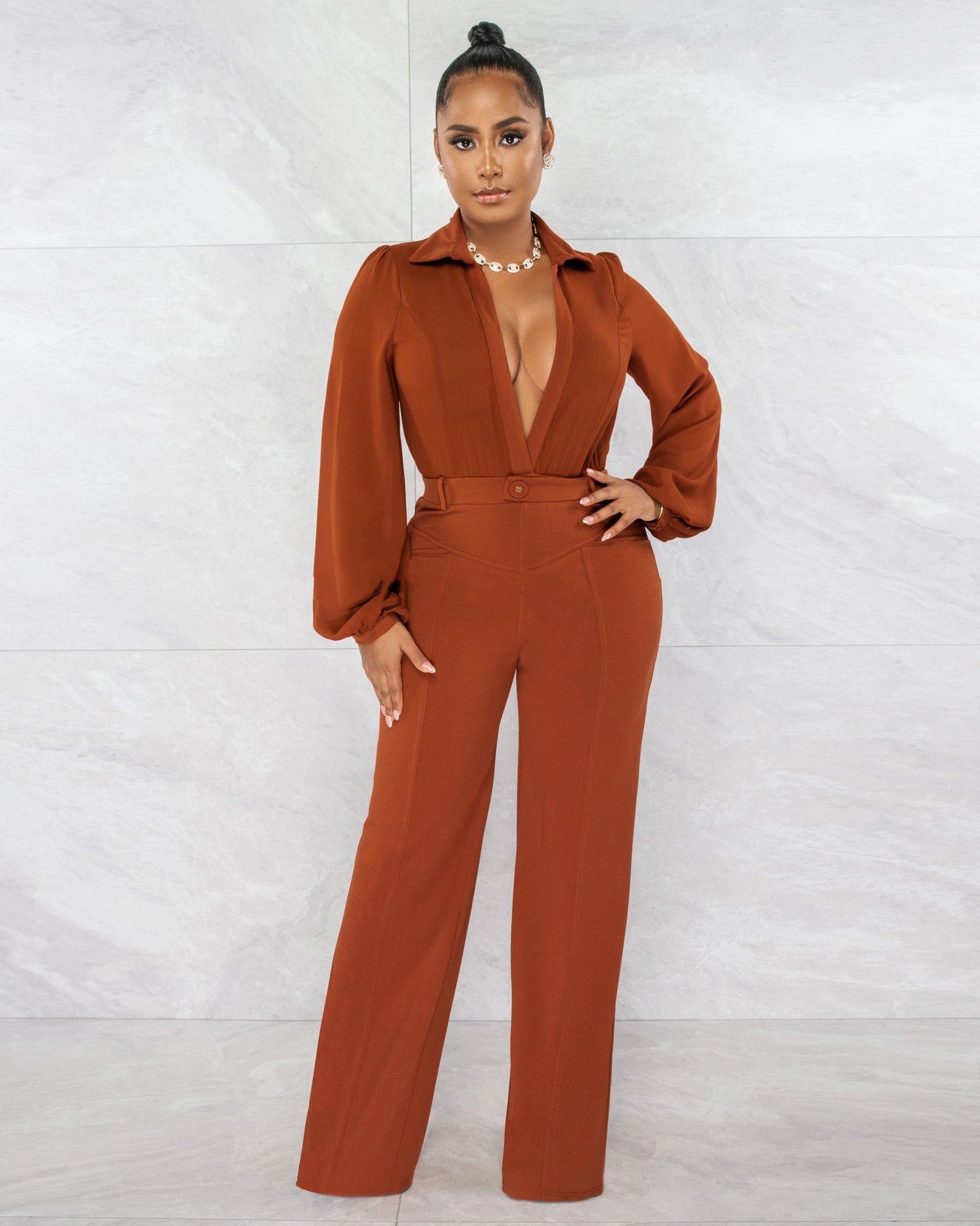 Jumpsuit V neck Long Sleeve Tight Blouse Trousers Winter