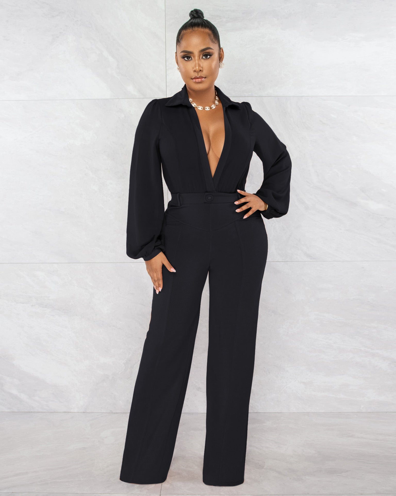 Jumpsuit V neck Long Sleeve Tight Blouse Trousers Winter