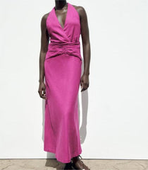 Backless Dinner Linen Blend Hanging Collar Dress